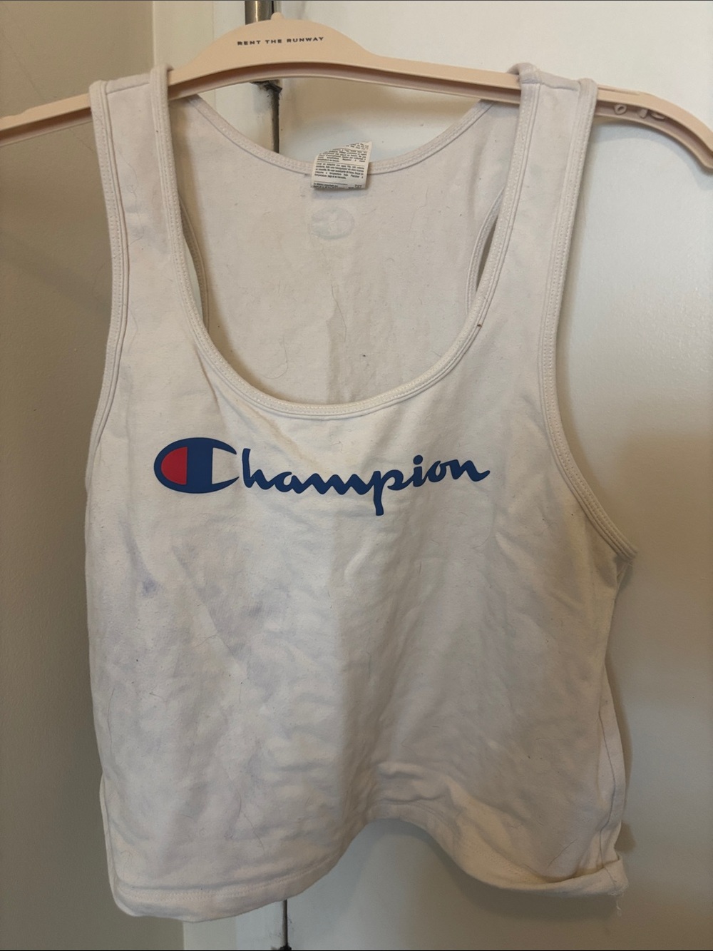 Champion White Tank with Blue Script Logo and Red Accent